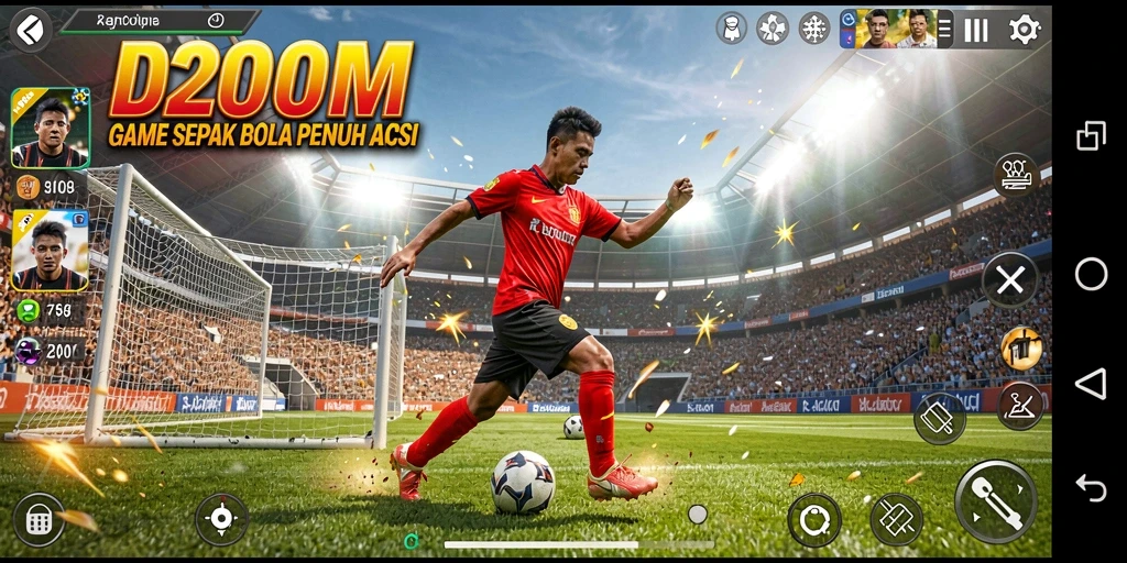 Tampilan gameplay D200M dengan aksi sepak bola yang menegangkan.