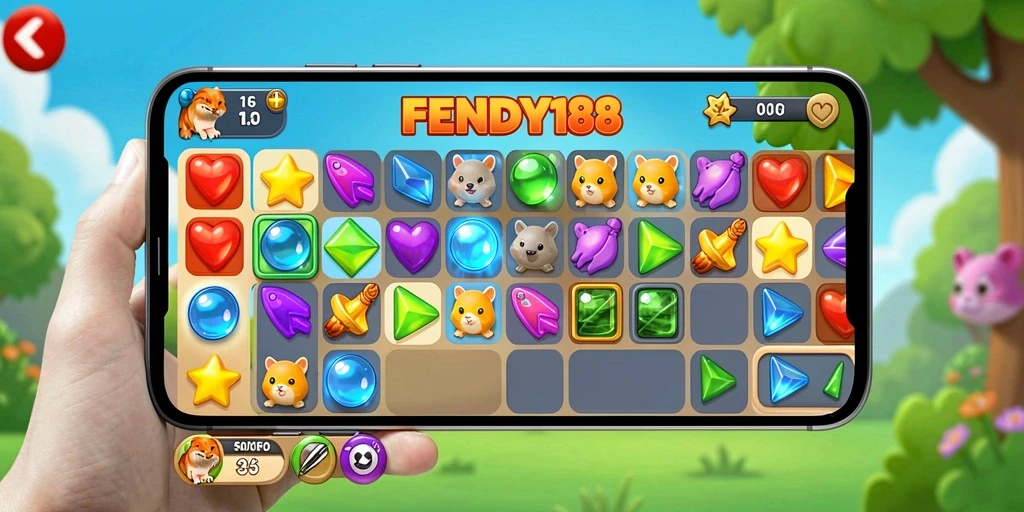 Gameplay menarik FENDY188 dengan puzzle Match-3 yang menantang.