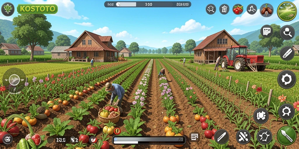 Tampilan gameplay KOSTOTO menampilkan ladang subur dengan berbagai tanaman.