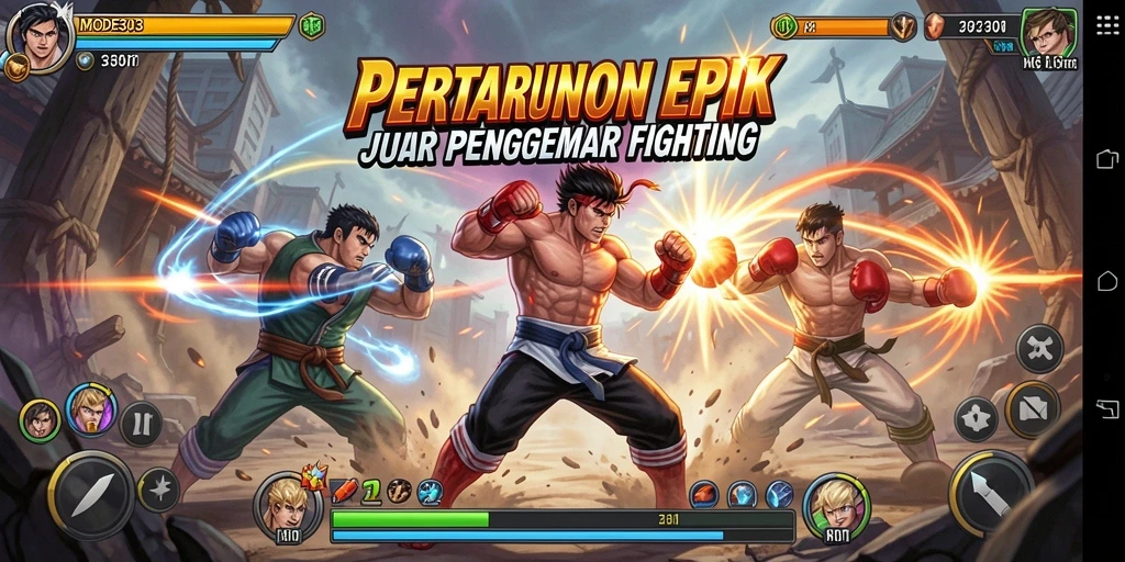 Screenshot menunjukkan duel karakter dalam MODE303 dengan grafis memukau.